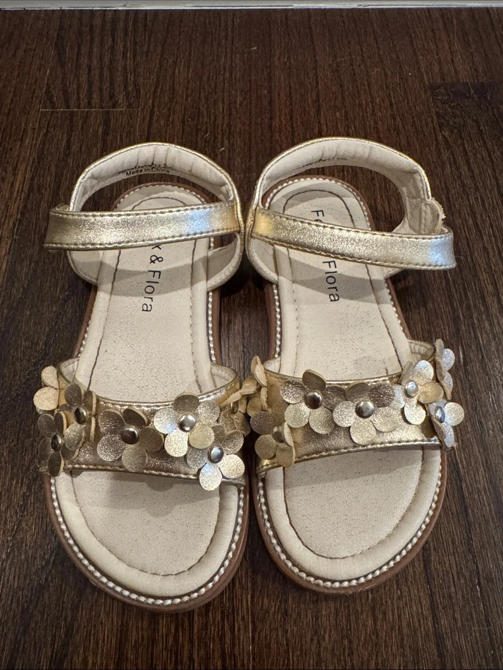 Felix & Flora Gold Floral Sandals Girls Size 10 Hook & Loop Dress Easter Wedding